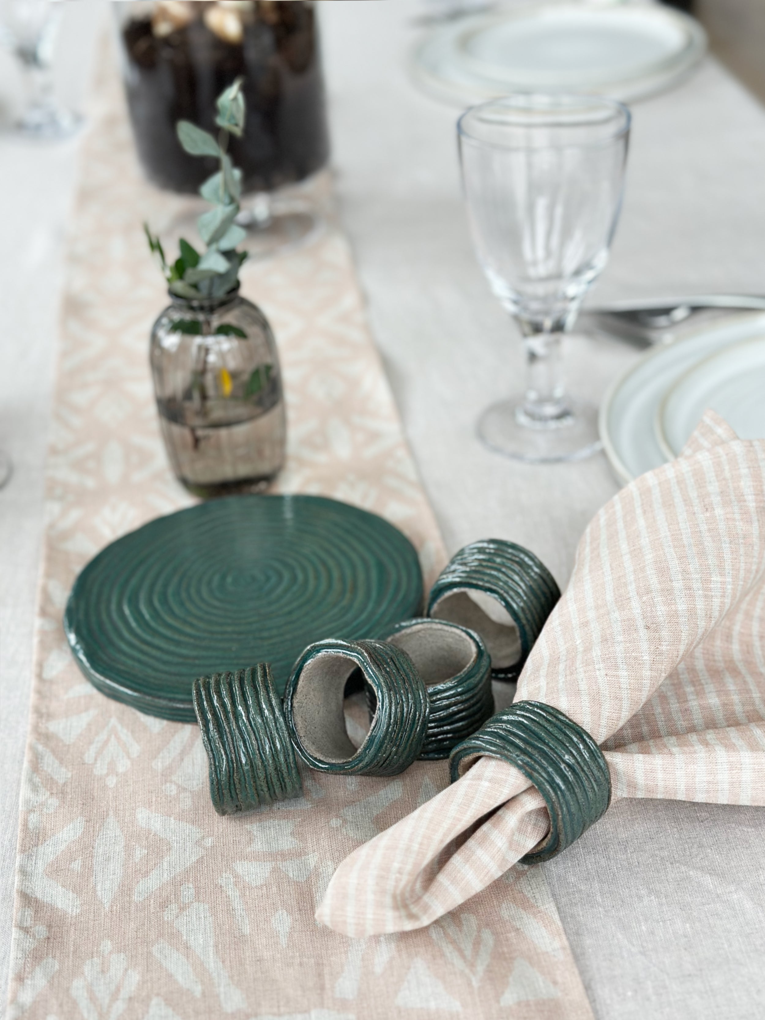 Servettring Randig 2 st - Petrolgrön